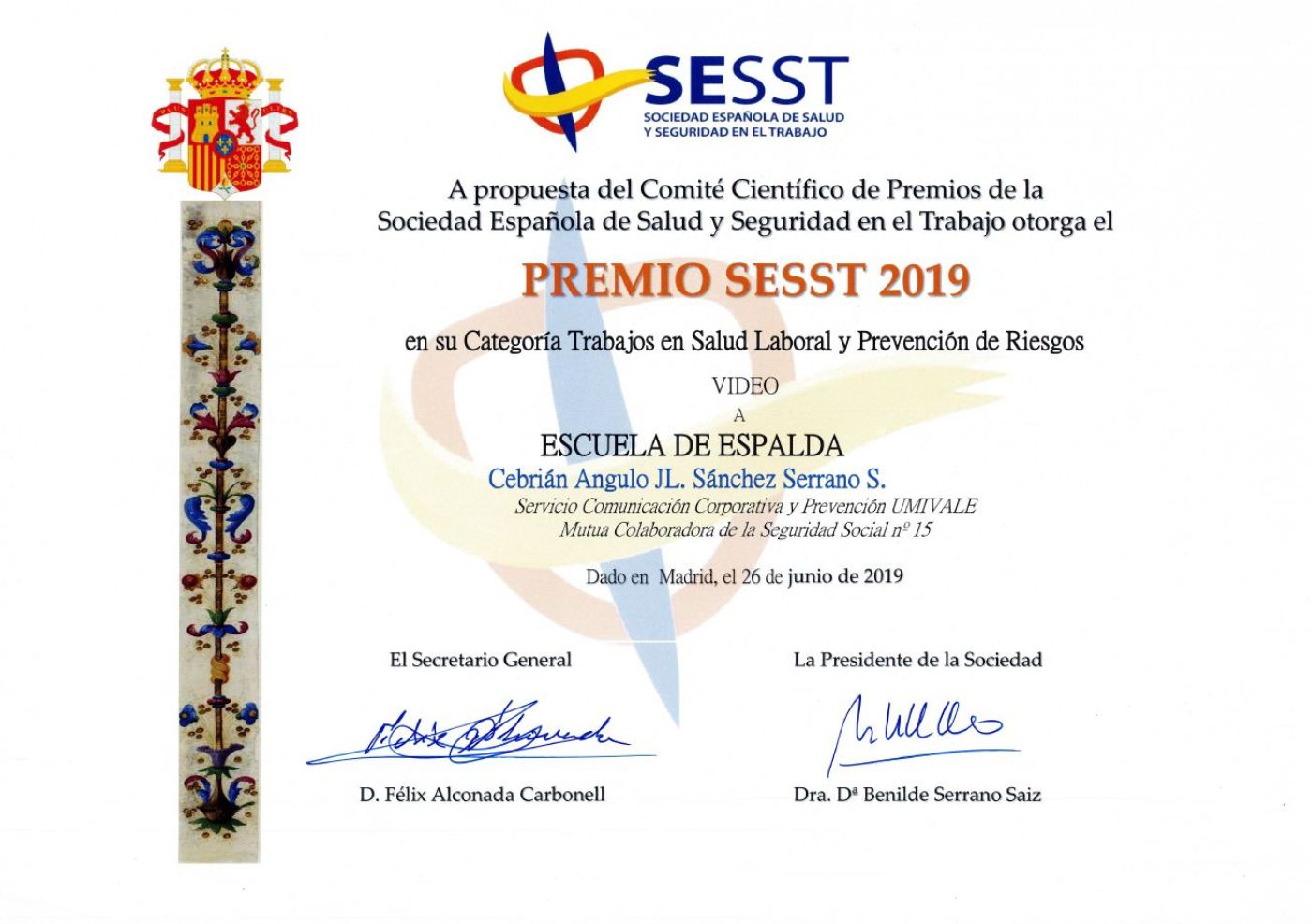 Premio de la SESST por la campaña audiovisual “Escuela de Espalda”
